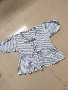 Striped Peplum Blue Tie-Front Top