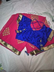 Elegant Pink Saree with beautiful Blue Customized