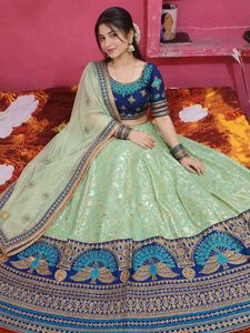 wedding pista green peacock heavy work lehenga set