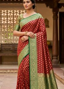 Red & Green Banarasi Silk Saree With Zari design a