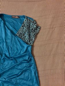 Elegant Teal Blue Wrap Dress with Lace Sleeves