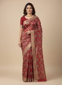 meroon Floral Print Saree unstitched blouse