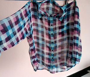 Sheer Plaid Button-Down Top