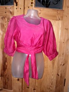 korean Vibrant Pink Tie-Waist Cropped Top