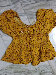 Tokyo Talkies Mustard Yellow  Printed Bardot Top