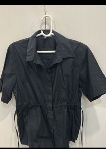 Black Short Sleeve Drawstring Top