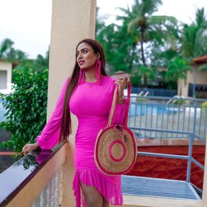 Vibrant Pink Ruched soft mesh Dress