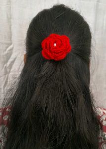 Handmade Crochet Red Rose Hair Tie