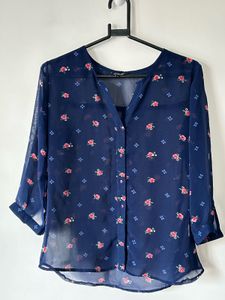 Chic Navy Floral Print Sheer Blouse