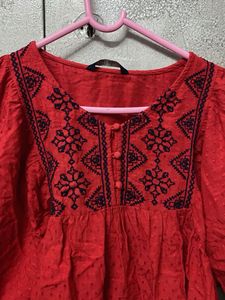 Red Embroidered Boho Style Kurta Top