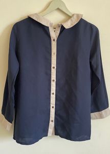Navy Blue Collared Button-Up Blouse