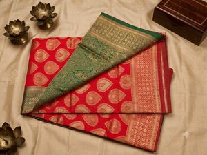 Vibrant Red Silk Saree with Intricate Weave