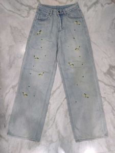 Light Wash Embroidered Wide-Leg Jeans