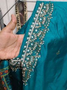 Teal Kurta Set with Embellished Neckline