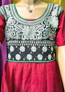 Red Anarkali Kurta with Embellished Yoke