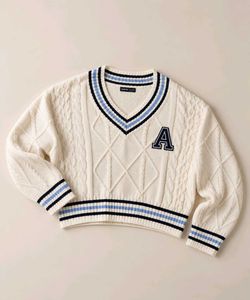 IVORY CABLE-KNIT VARSITY V-NECK SWEATER