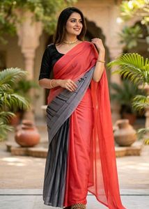 Elegant Red & Grey Ombre Saree