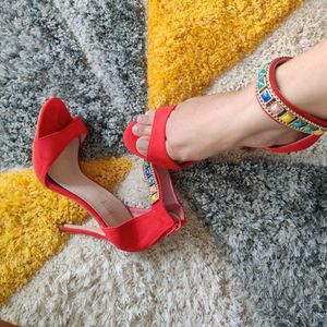 Red Embellished Strappy Heels