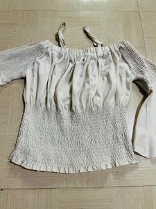Off-Shoulder Smocked Cream Crop Top