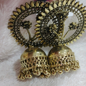 Golden oxidised big size jhumki