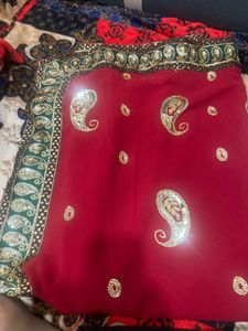 Elegant Red Saree with Paisley Embroidery