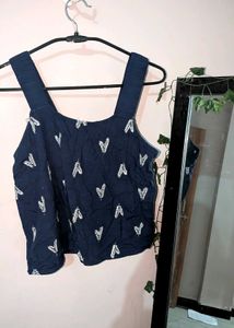 Navy Blue Heart Print Crop Top