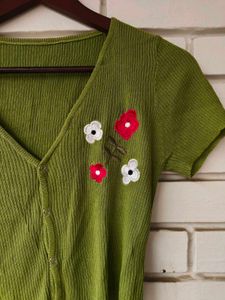 Green Floral Embroidered Knit Shrug