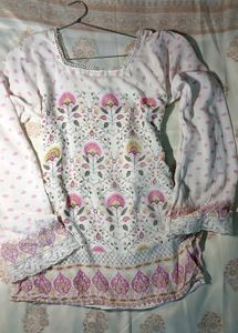 white & pink floral printed lace kurti