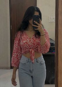 Red & White Printed Tie-Front Crop Top