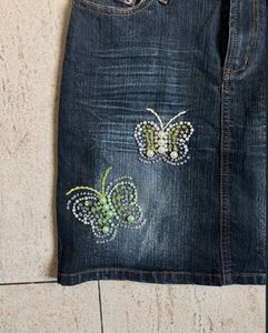 Denim Skirt with Butterfly Embellishments