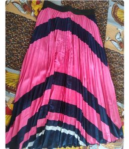 Pink & Navy Striped Pleated Skirt