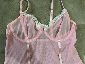 Vintage Aesthetic Pink Mesh Chemise with White Lac