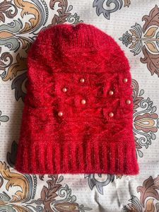 Red Beanie Hat with Pearls