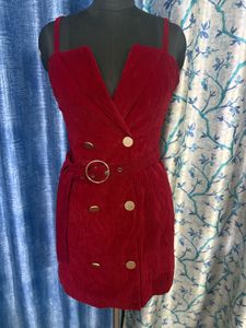Chic Red Corduroy Double-Breasted Dress