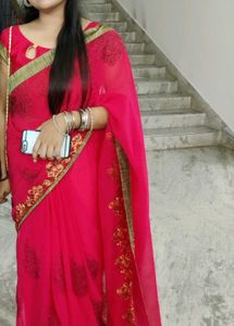 Rani Pink Embroidered Saree with stitched blouse
