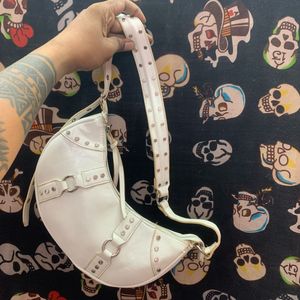 White Faux Leather Crescent Shoulder Bag Y2K Style