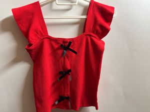 Red Flutter Sleeve Top with Bow Detail