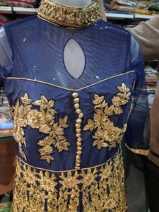 Elegant Blue &amp; Gold Anarkali 3 psc set