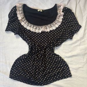 Cute Polka Dot Lace Trim Top
