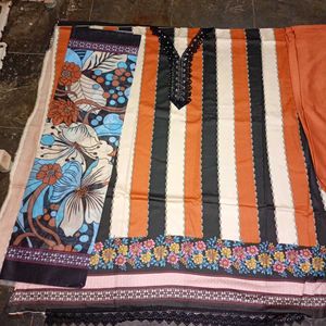 Orange &amp; Black Floral dress material