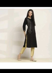 Elegant Black Kurta  Gold Print with crop top