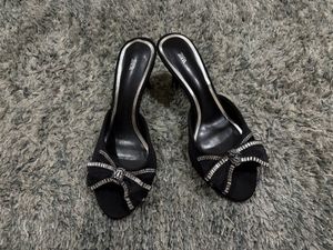 ZARA  Black Satin Rhinestone Bow Mules