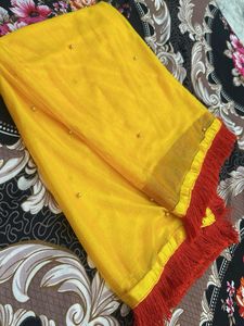 Vibrant Yellow Dupatta with Red Border…🥰