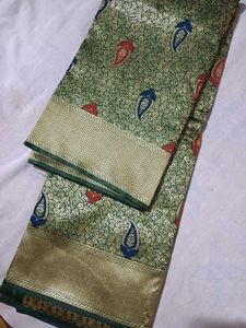 💥🆕️ Heavy Woven Green Silk Saree