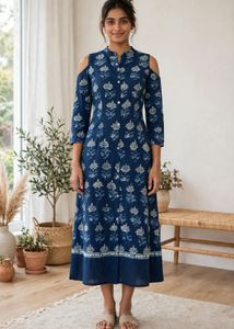 Blue Floral Cold Shoulder Kurta