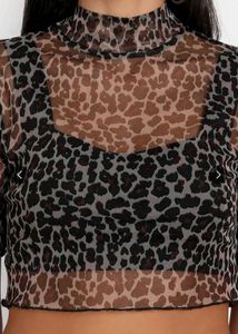 Sheer Leopard Print Mock Neck Top