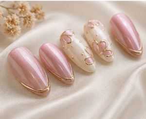 Handmade Cateye Elegant Pink &amp; Gold Flower nails