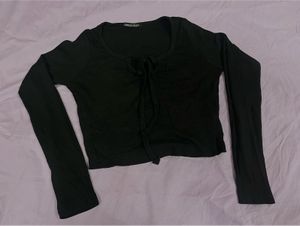 Black Tie-Front Long Sleeve Top