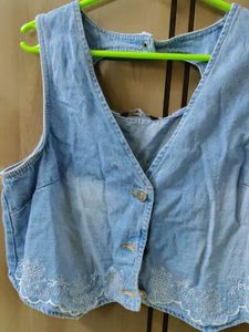 Light Wash Denim Vest with Embroidery
