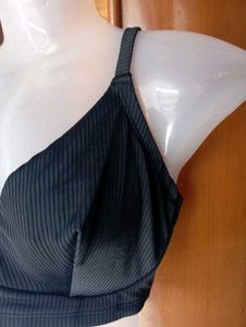 Black Ribbed V-Neck Bra with Bow Back